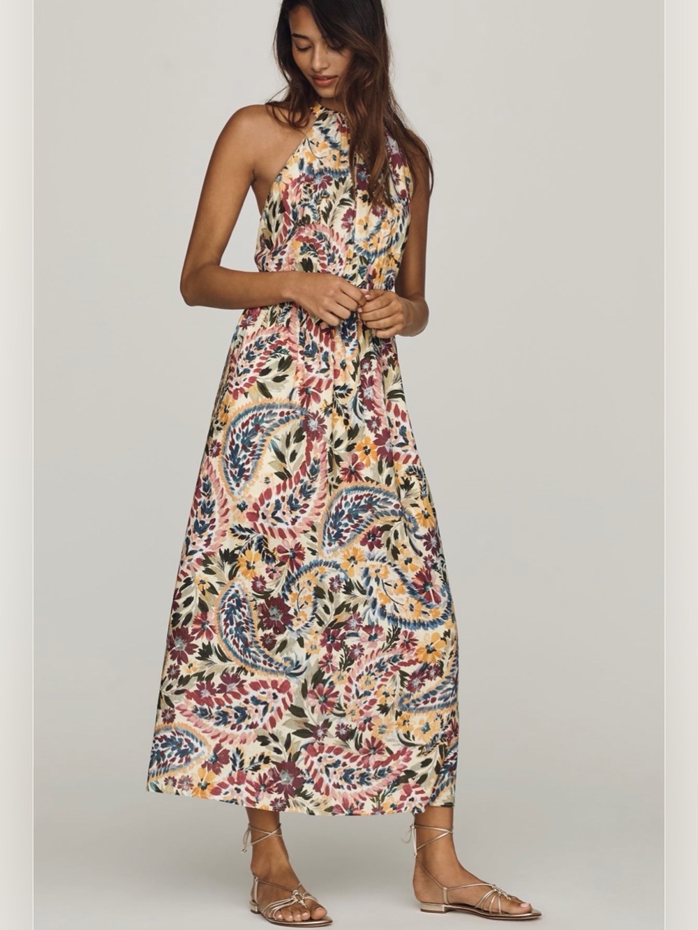 New Farm Rio x Anthropologie Halter Maxi Floral Linen Dress XS Resort Cruise